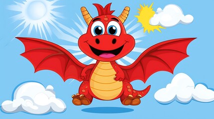 Obraz premium Cute dragon character flying in bright sky. Use Children's book illustration