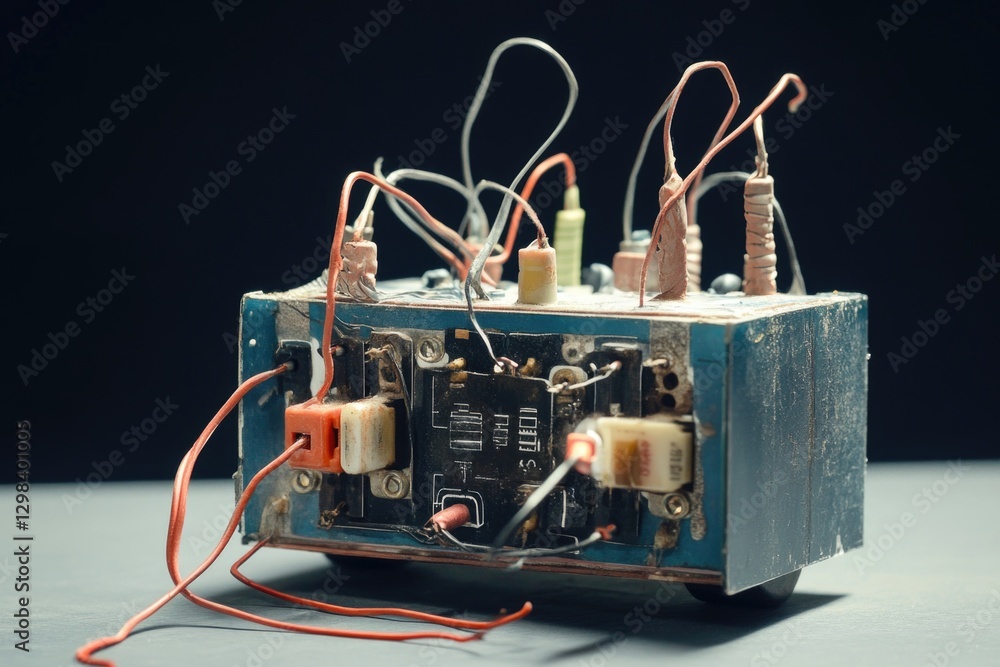Poster a compact electronic device with various wires connected to it, perfect for use in illustrations or 