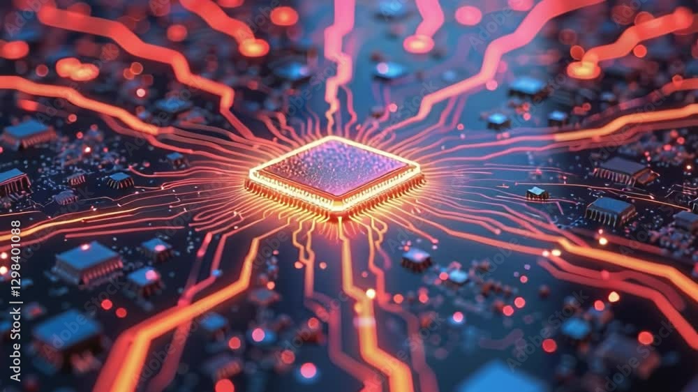 Poster bright digital circuits radiating energy in a futuristic neon setting background