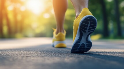 Runner wearing yellow sneakers jogging on a paved road in the morning sunlight. Fitness and active lifestyle concept.