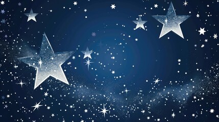 Obraz premium Sparkling silver stars and twinkling lights on deep blue night sky background with space for text
