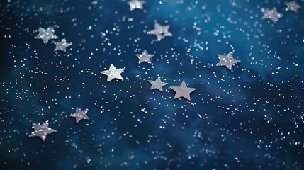 Naklejka premium Sparkling silver stars and twinkling lights on deep blue night sky background with space for text