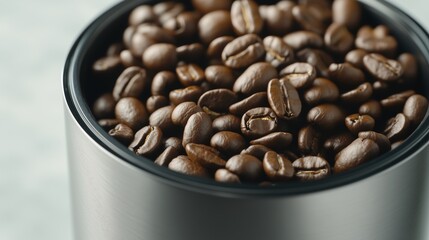 Fototapeta premium Tin container filled with roasted coffee beans, aromatic and fresh. Concept of caffeine, energy, and coffee culture