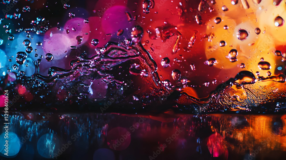 Poster abstract water splash with colorful bokeh background reflecting light and motion