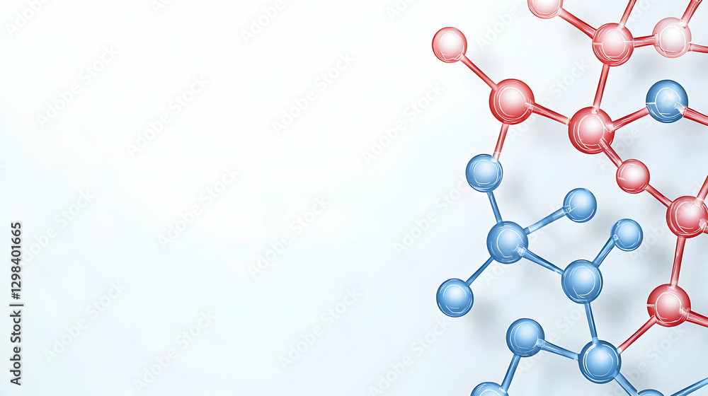Poster abstract molecular structure with red and blue spheres on white background