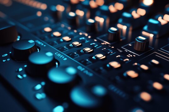 A detailed view of a sound board's control panel with various knobs and dials