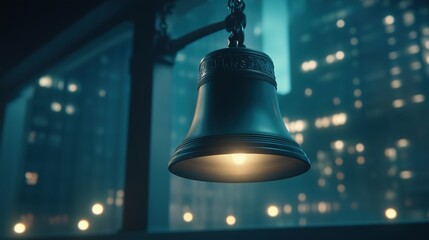 Obraz premium Large metal bell hanging in a dimly lit urban environment with blurred city lights in the background. Tradition and history concept.