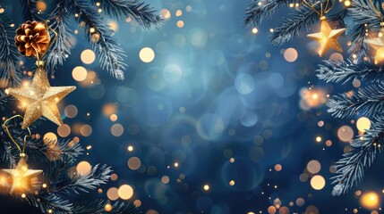 Festive Christmas border with golden star decorations, baubles and pine branches on deep blue background with copy space