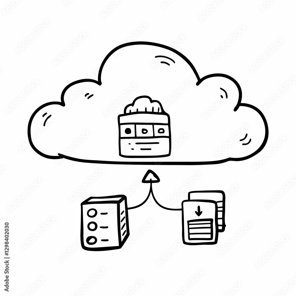 Poster hand drawn cloud computing concept with data storage and sync