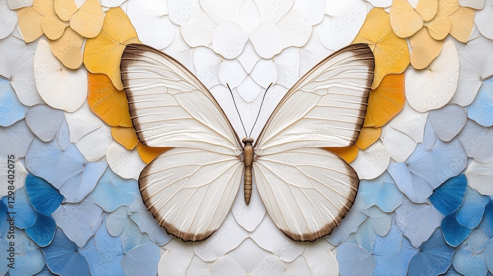 Poster elegantly crafted butterfly design with colorful scales creating an artistic symmetry.