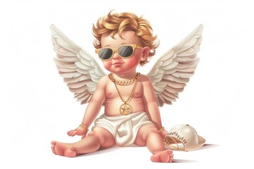 Characters Vector illustration of vintage cherub angel in sunglasses and gold necklace accessories accessory archangel.
