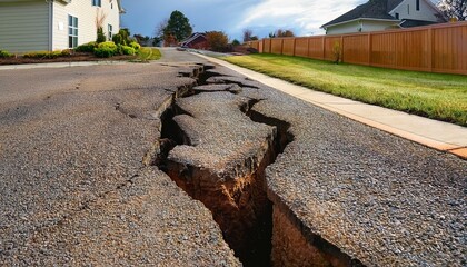 Close up of a large crack in a foundation wall and driveway, indicating structural damage