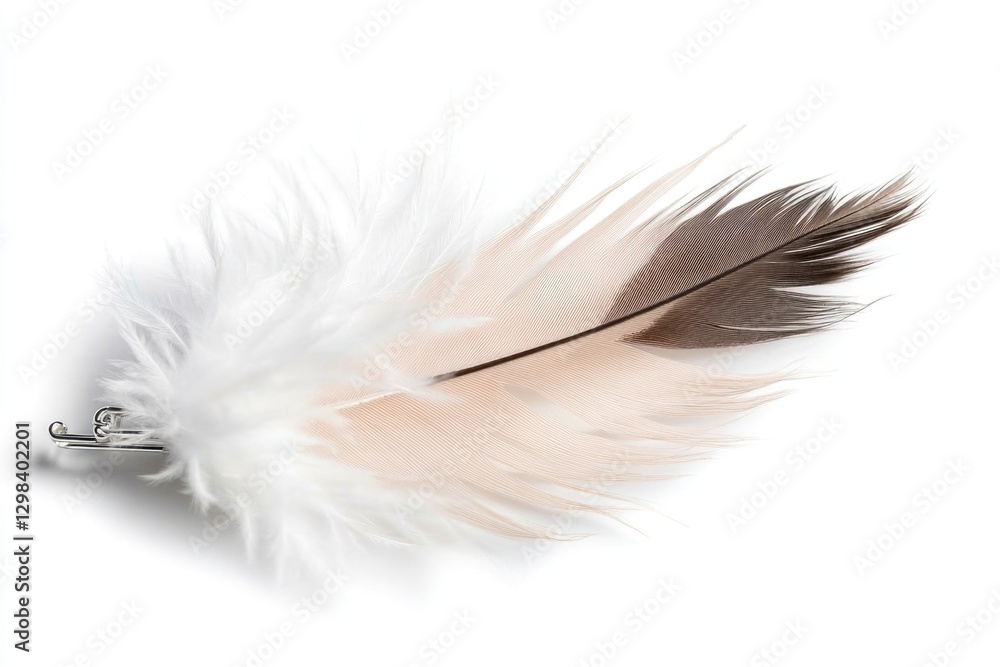 Poster close-up shot of a single feather on a plain white background, ideal for use in editorial or commerc