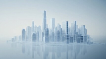 Fototapeta premium Abstract Cityscape Wireframe Blueprint with Modern Skyscrapers and Reflection on Surface