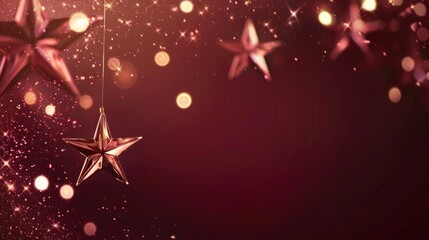 Red and gold glittering stars on deep burgundy background with copy space for text, festive holiday concept