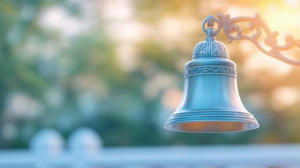 Obraz premium Elegant metal bell hanging outdoors with soft golden sunlight filtering through trees. Serenity and nostalgia concept.