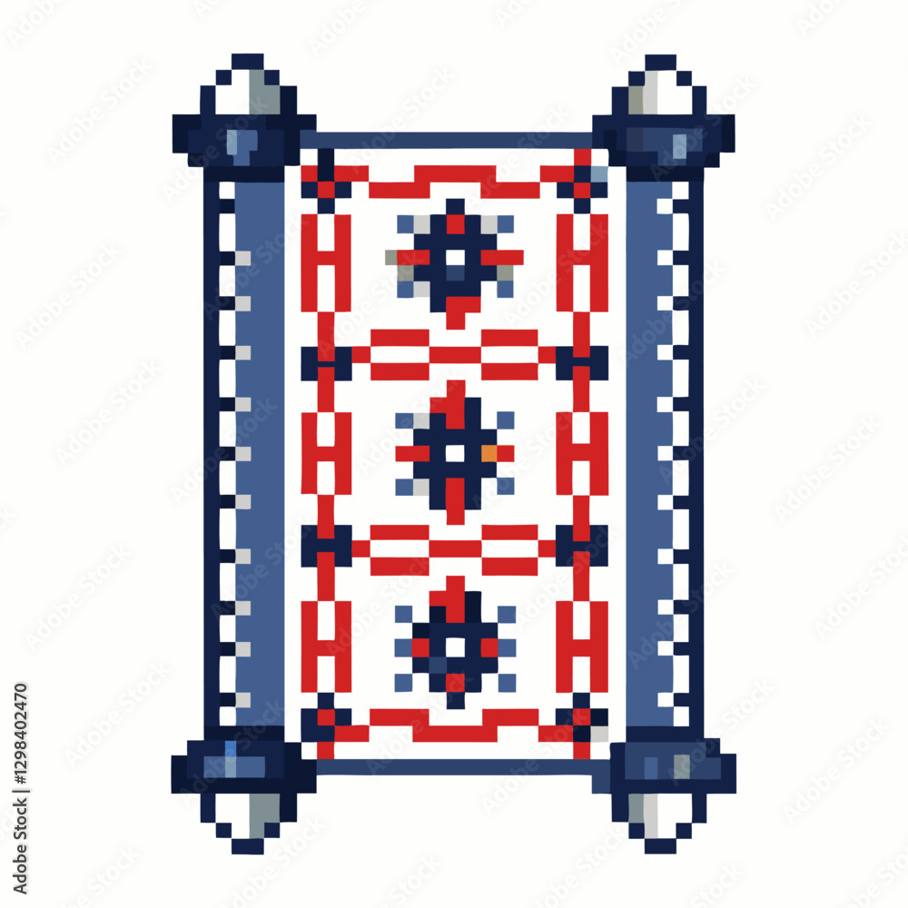 Poster pixel art scroll with traditional pattern design, retro video game style, blue and red color scheme