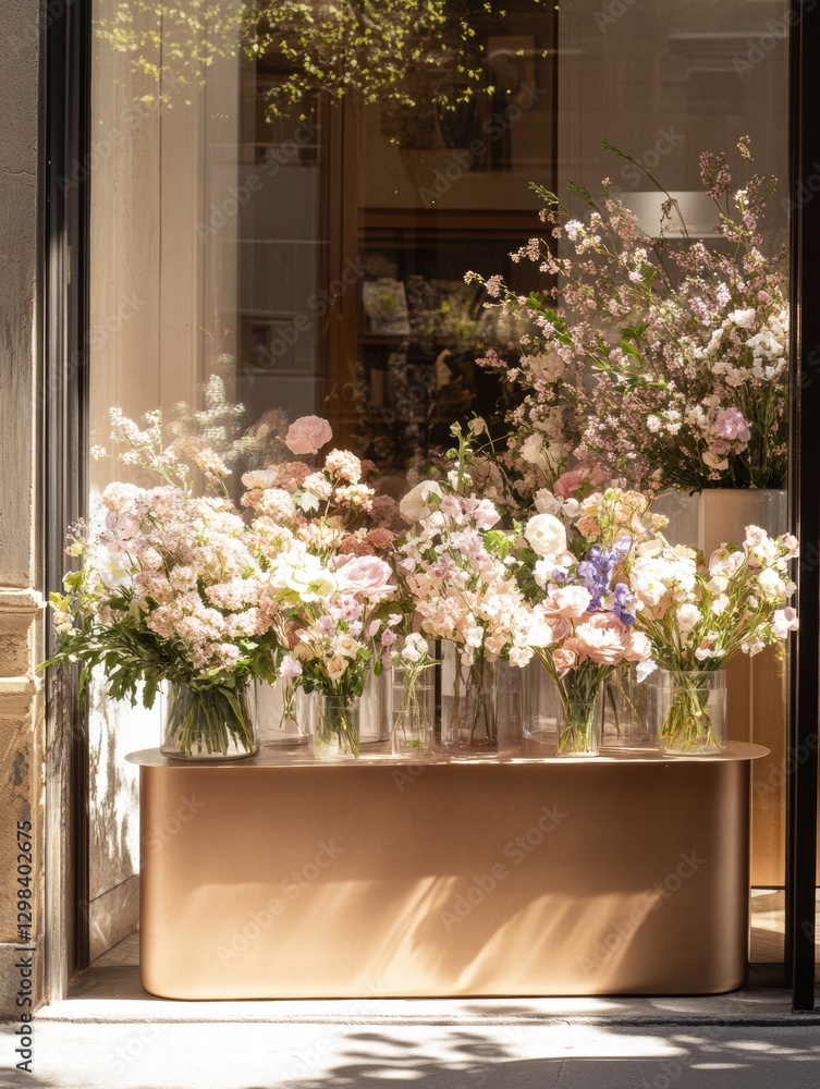 Aufkleber brightly colored flower arrangements displayed at a floral shop in the afternoon sunlight. generativ