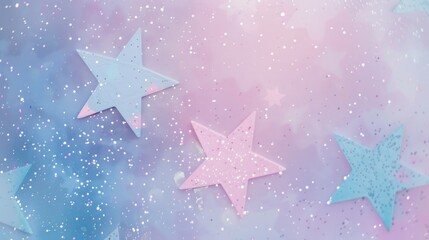 Obraz premium Pastel gradient background with sparkling blue and pink glitter stars and white dots for festive or fantasy design