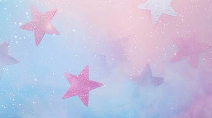 Pastel gradient background with sparkling blue and pink glitter stars and white dots for festive or fantasy design