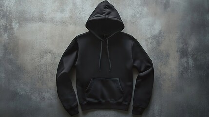 Modern black hoodie displayed flat with clear, sharp details on a neutral surface.