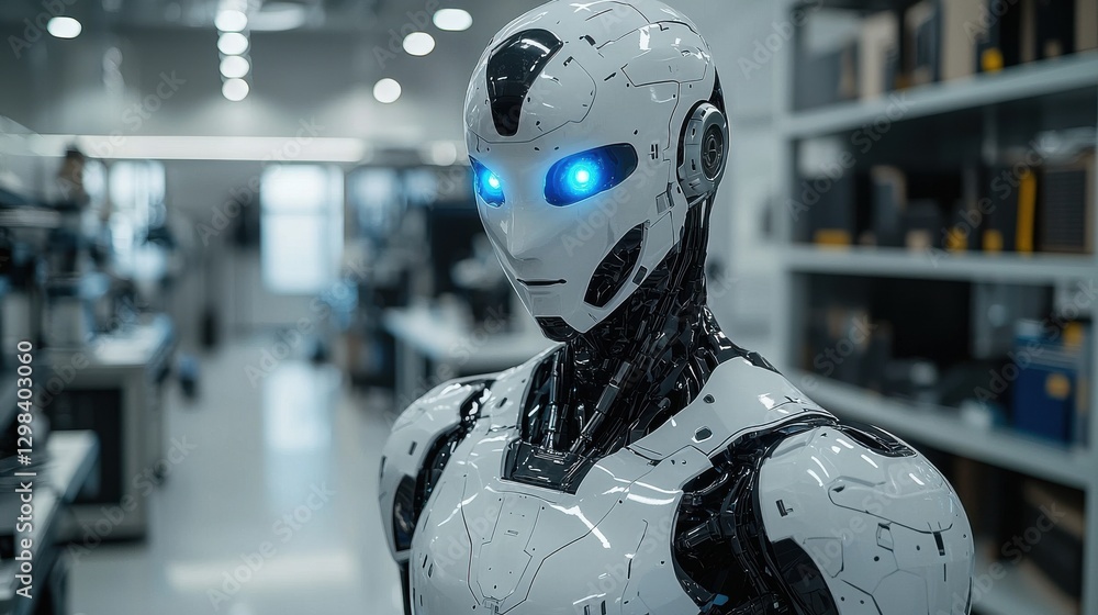 Poster advanced humanoid robot with glowing blue eyes standing in a high-tech workshop environment