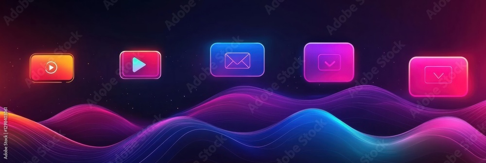 Poster colorful digital icons illustrating multimedia communication and interaction in a creative design. g
