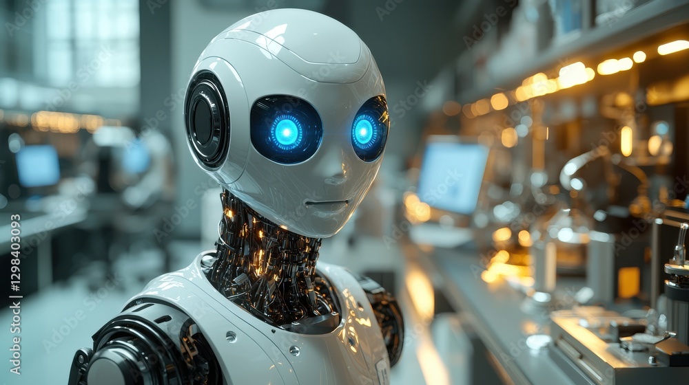 Poster advanced robotics in a modern laboratory showcasing a humanoid robot with glowing blue eyes and intr