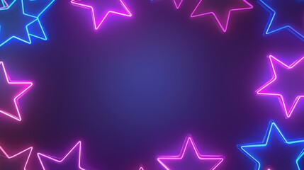 Obraz premium Futuristic corridor with glowing neon star shapes and pink rectangular frame for entertainment or gaming background