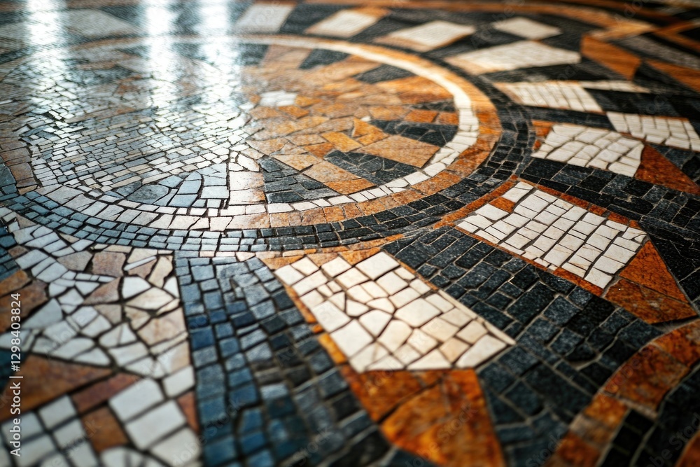 Poster a close-up view of a mosaic floor with intricate designs and colors
