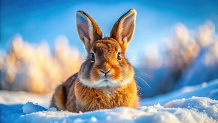 Winter wonderland panorama: a brown-faced, blue-eyed rabbit in a snowy scene.
