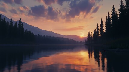 Fototapeta premium A serene sunset over a calm lake, framed by towering trees and majestic mountains.