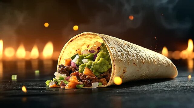 A mouthwatering shot of a taco filled to the brim with seasoned meat, fresh guacamole, shredded lettuce, diced onions, and melted cheese, styled with bold promotional text and a gl