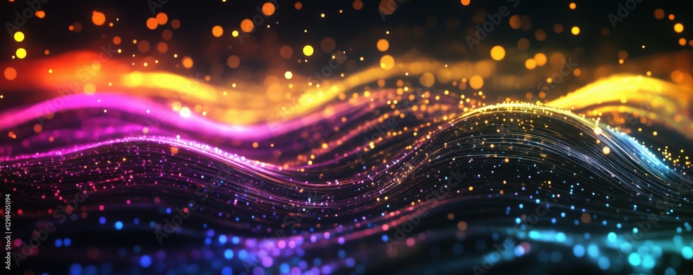 Aufkleber colorful abstract wave patterns with glowing particles and light trails, copy space for text