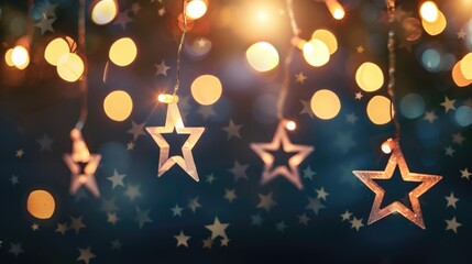 Golden star ornaments hanging on Christmas tree branches with bokeh lights and festive background