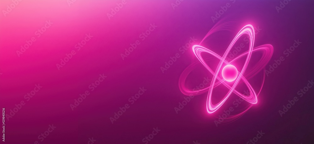 Aufkleber glowing pink atom symbol on vibrant gradient background for science and technology themes, copy spac
