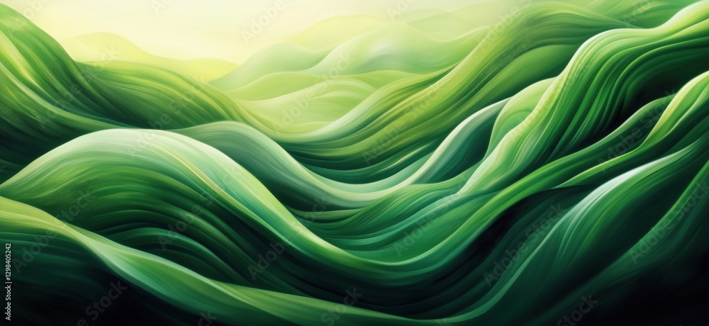 Poster abstract green landscape with flowing waves and soft gradients in serene atmosphere, copy space for 