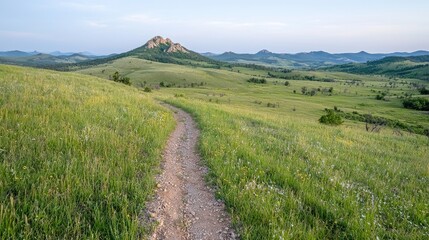 Fototapeta premium Hiking trail through grassy hills, rocky peak background, peaceful landscape, travel photography