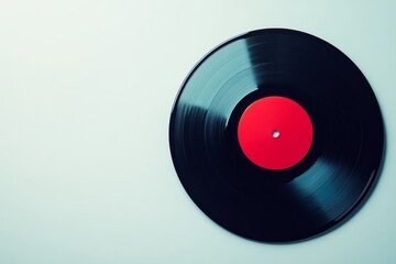 Red Label Vinyl Record - A black vinyl record with a red label center, symbolizing music, nostalgia, vintage audio, analog technology, and sound waves