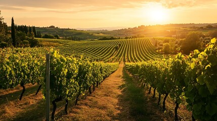 Naklejka premium A serene vineyard at sunset showcasing lush grapes and rolling hills in the distance.