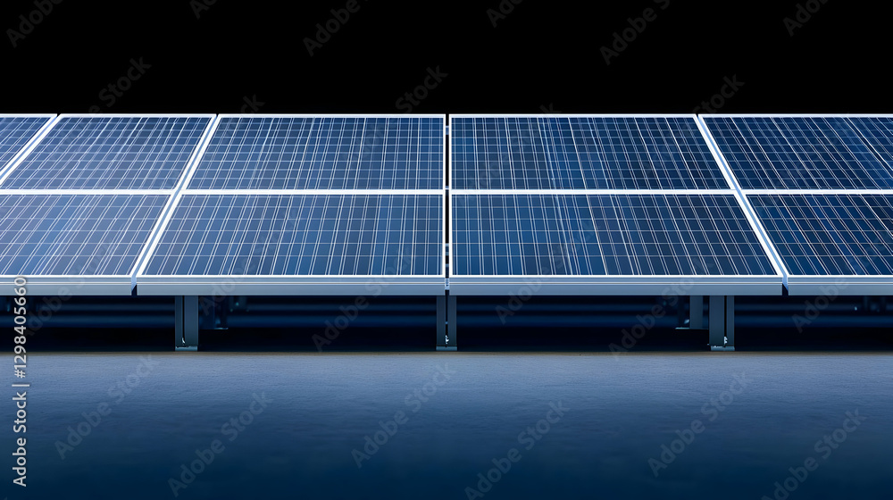 Poster solar panel array on a dark surface with grid pattern and blue tones generating clean energy