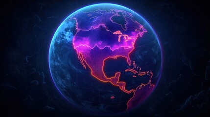 Science meteorology education concept. Vibrant digital globe showcasing North America with neon accents.