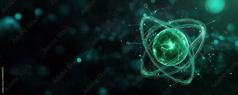Poster green glowing atom model with energy particles and abstract background, copy space for text