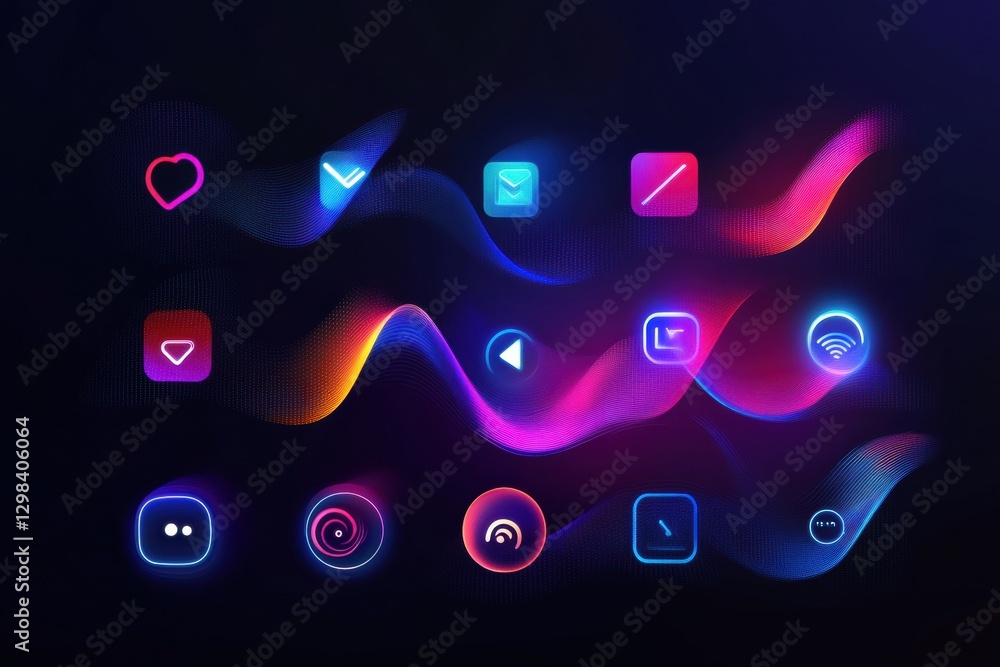Poster Glowing digital icons set with vibrant colors and modern design elements in a dark background. Generative AI