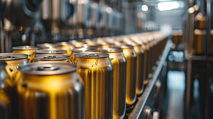 Close-up of beer cans in a brewery