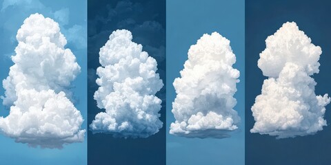 Science meteorology education concept. Four fluffy clouds in a blue sky, showcasing different shapes and sizes.