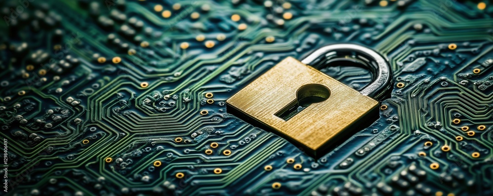Poster digital security concept with padlock on circuit board background representing data protection, copy