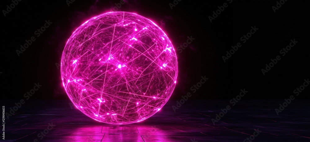 Poster glowing pink energy sphere with intricate light patterns and reflections on dark background, copy sp