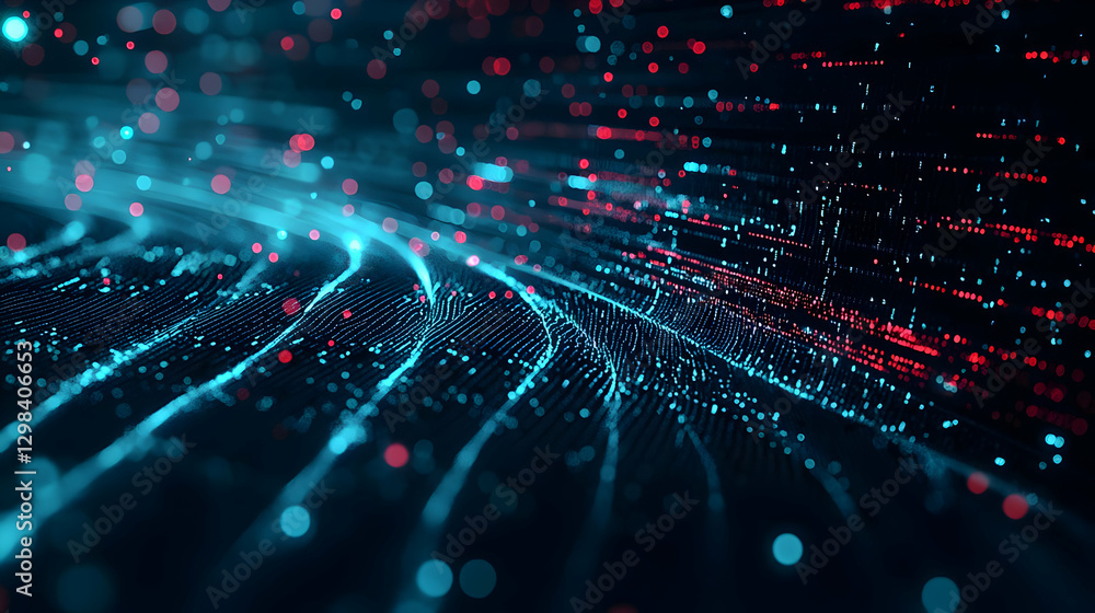 Poster abstract digital data flow in blue and red tones with glowing particles on dark background