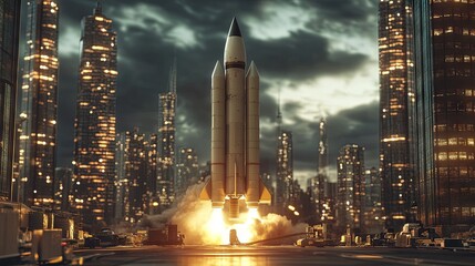 Obraz premium A large missile on a launch pad with skyscrapers in the background